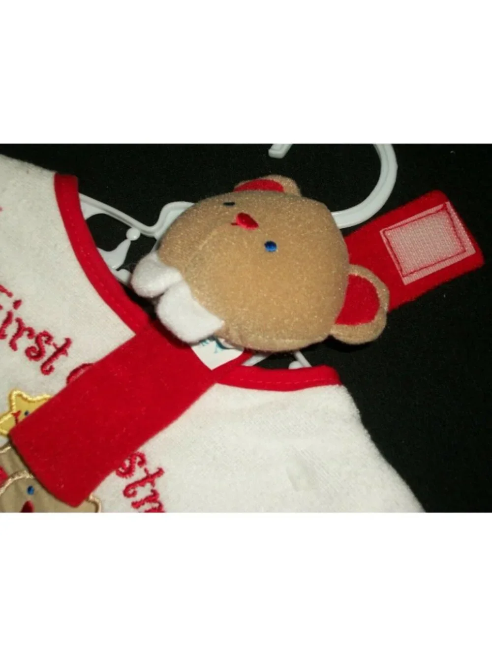 My First Christmas Baby Bib and Bear Rattle Tree White Red Terrycloth